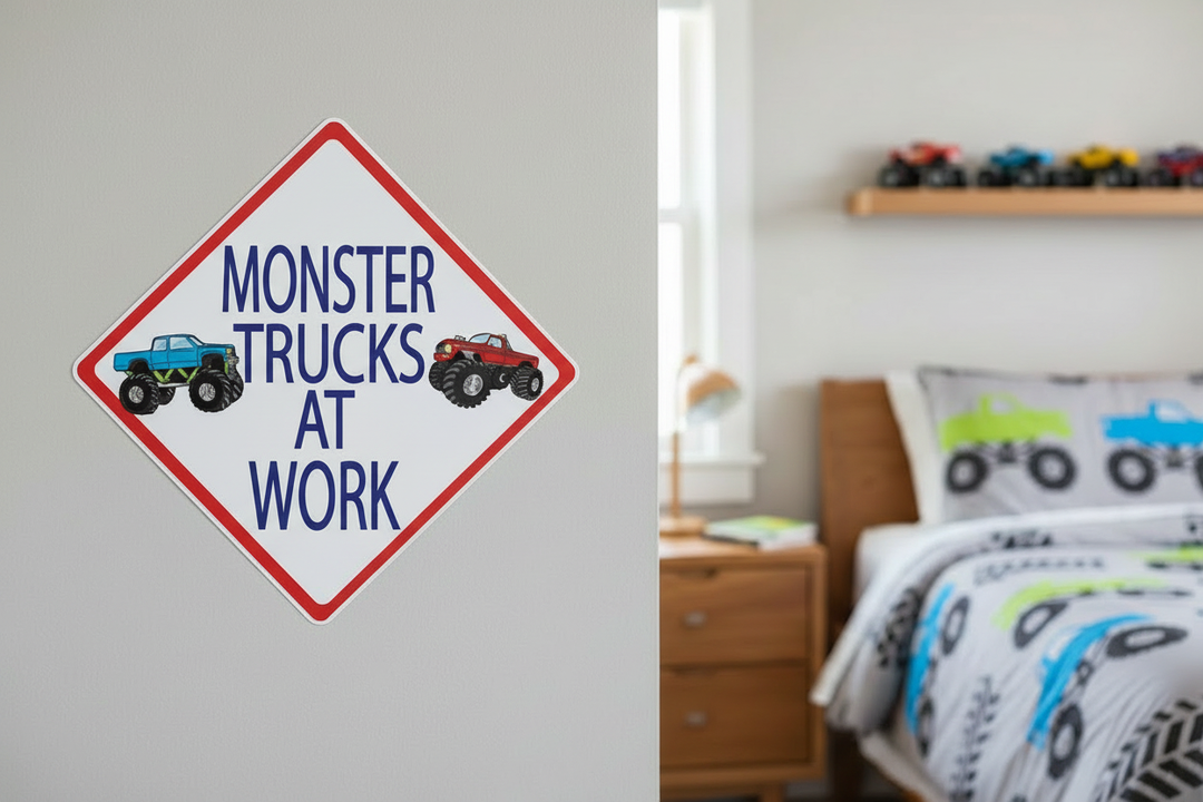 Monster truck street sign wall decal styled in a boys bedroom — large vinyl sticker flush on smooth grey painted wall above a wood floating shelf with monster truck toys, no hardware needed