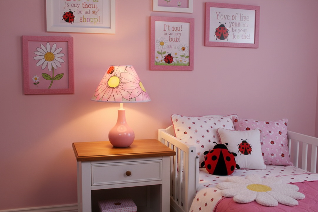 Pink Gerber Daisy Lamp Shade on nightstand in pink ladybug themed girls nursery