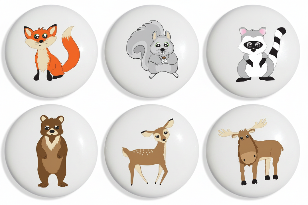 Set of 6 woodland forest animal ceramic drawer knobs flat lay showing fox squirrel raccoon bear deer and moose characters