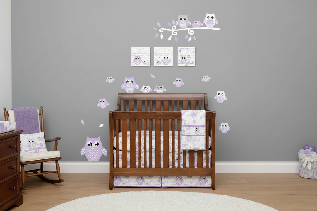 Three woodland owl canvas prints displayed above wooden crib with purple owl bedding and coordinating purple owl wall decals in styled nursery room