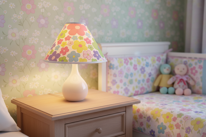Pastel Daisy Lamp Shade on nightstand in soft pastel girls nursery