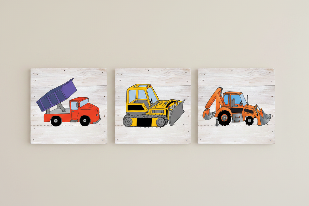 Construction truck whitewashed wood pallet art prints hung on wall — dump truck bulldozer backhoe nursery decor