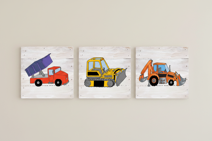 Construction truck whitewashed wood pallet art prints hung on wall — dump truck bulldozer backhoe nursery decor