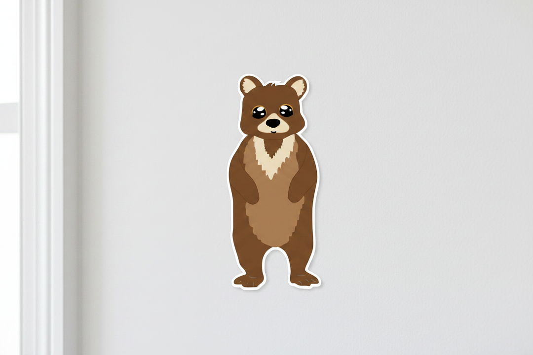 Cute cartoon brown bear wall decal close-up on white nursery wall — woodland forest animal peel and stick sticker