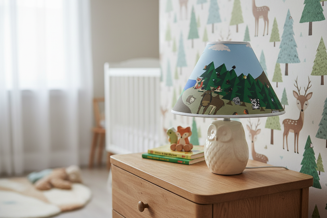 Woodland Forest Animal Lamp Shade on nightstand against wall in woodland nursery