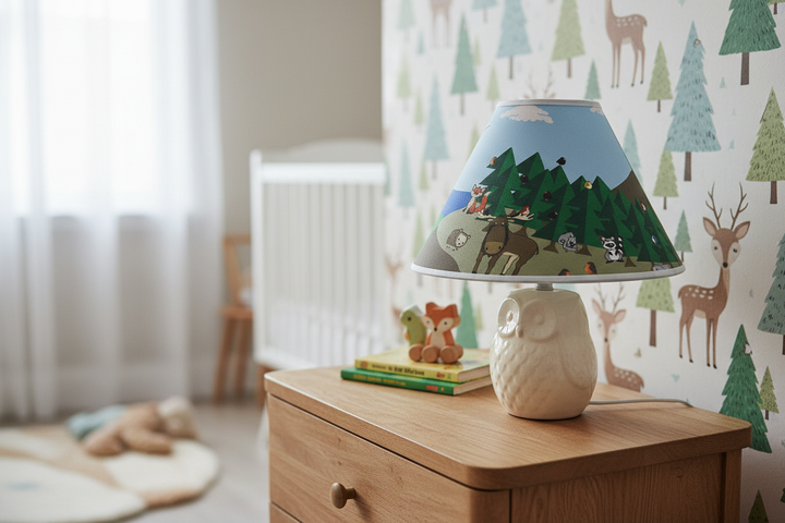 Woodland Forest Animal Lamp Shade on nightstand against wall in woodland nursery
