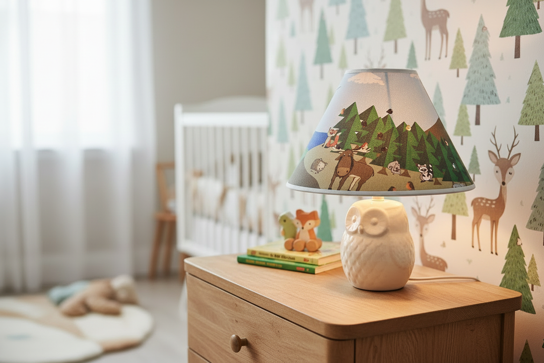 Woodland forest animal lamp shade glowing warmly on nightstand in styled nursery with coordinating woodland wall decals drawer knobs and white crib