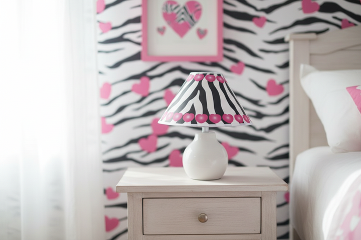 Pink Hearts and Zebra Print Lamp Shade on nightstand against wall in pink girls nursery