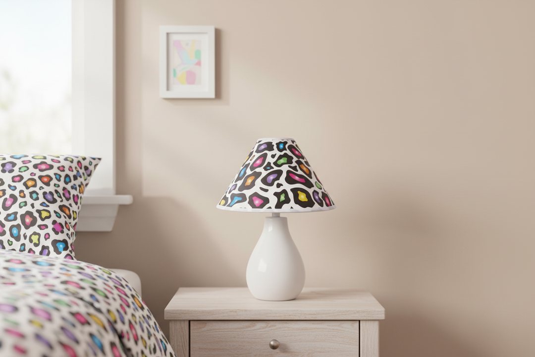 Multicolored Leopard Print Lamp Shade on nightstand against clean simple wall in girls room