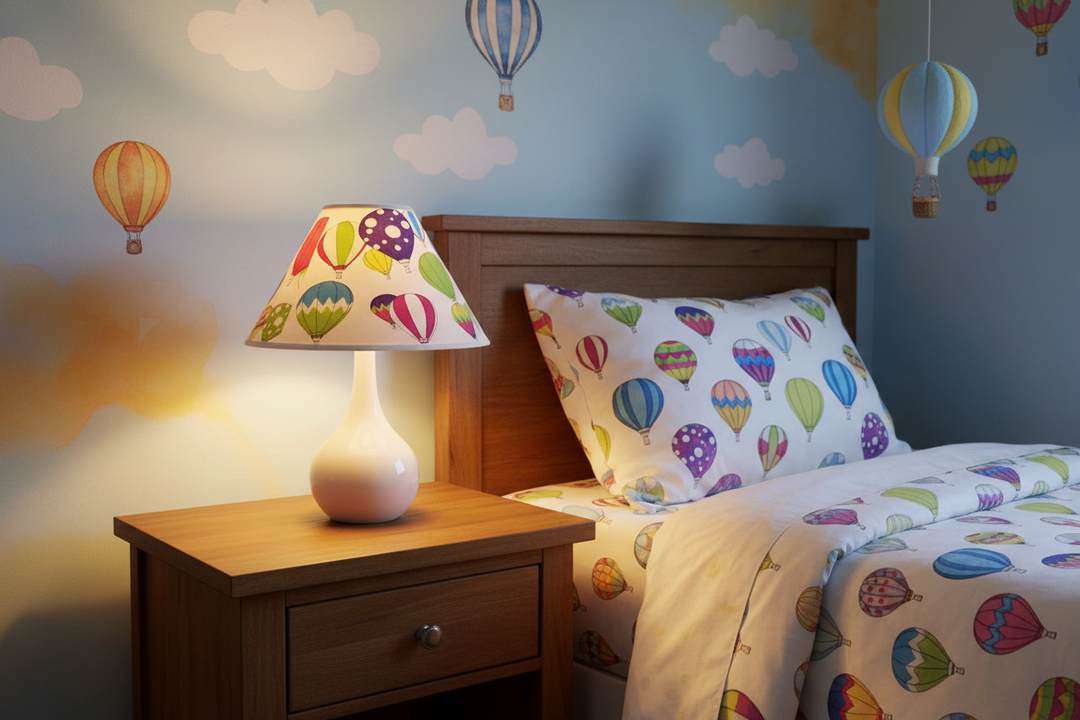 Hot Air Balloons Lamp Shade on nightstand in whimsical balloon themed nursery