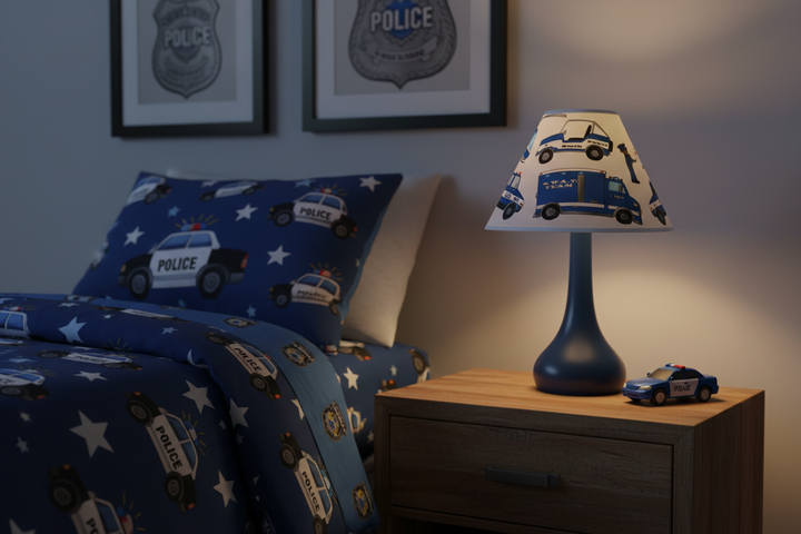 Police Lamp Shade on nightstand in police themed boys room