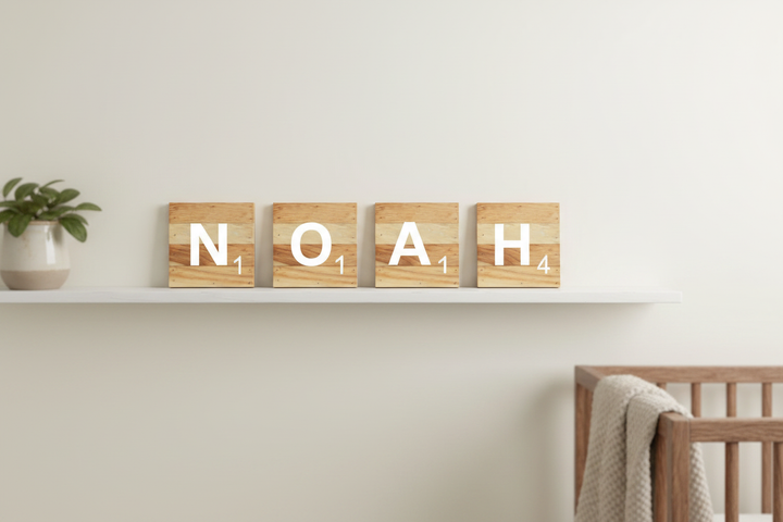 Rustic Scrabble Letter Decor — Personalized Nursery Shelf & Wall Art | A to Z