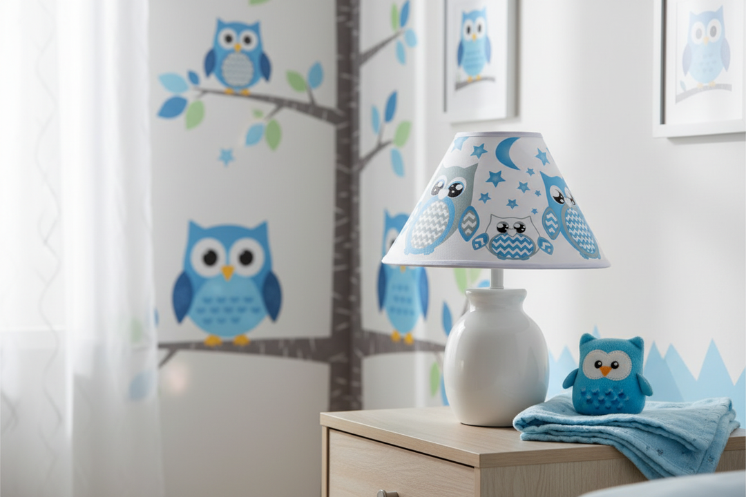 Blue Owl Lamp Shade on nightstand against wall in woodland forest nursery