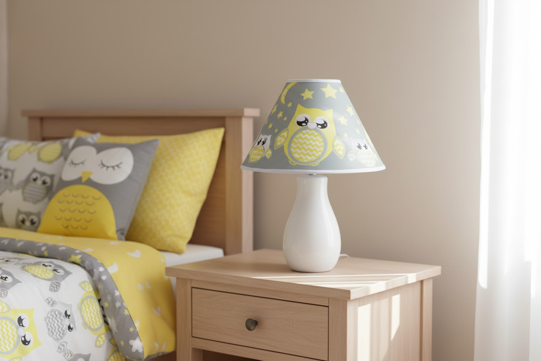 Grey and Yellow Owl Lamp Shade on nightstand against simple wall in grey and yellow owl nursery