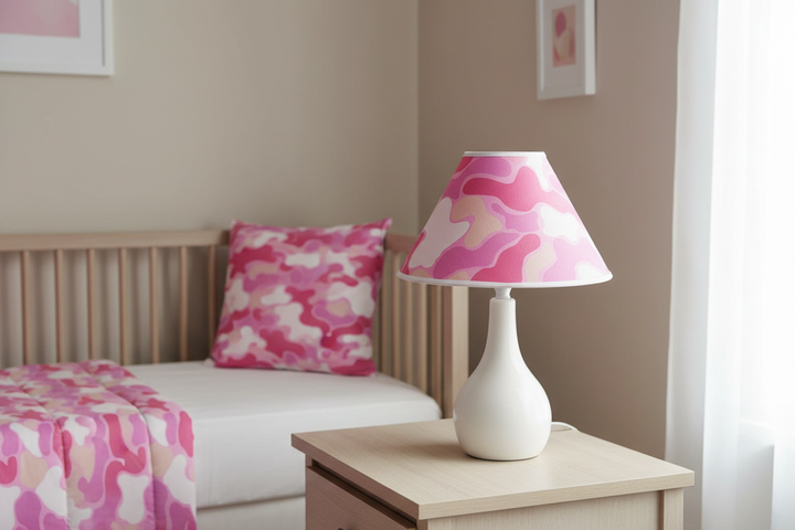 Pink Camouflage Lamp Shade on nightstand against simple wall in pink camo girls nursery