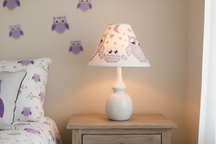 Close-up of purple owl lamp shade glowing warmly on lamp base showing purple chevron owl design with soft blurred purple owl nursery in background