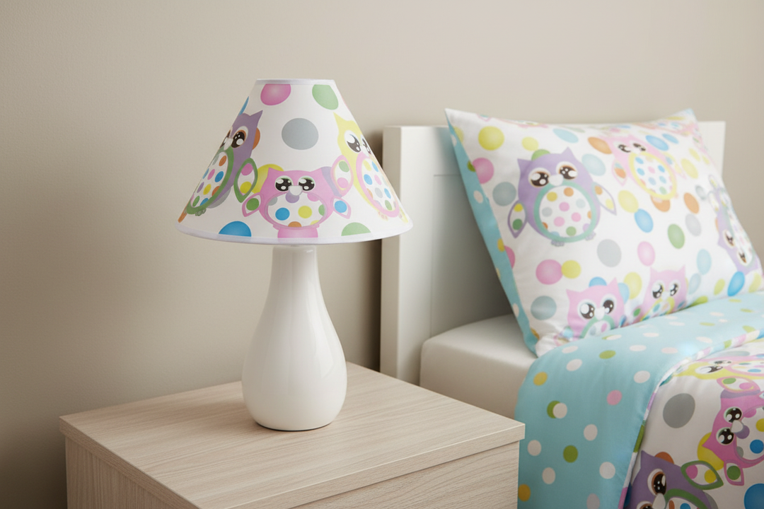 Multi Colored Polka Dot Owl Lamp Shade on nightstand against simple wall in multicolored polka dot owl nursery