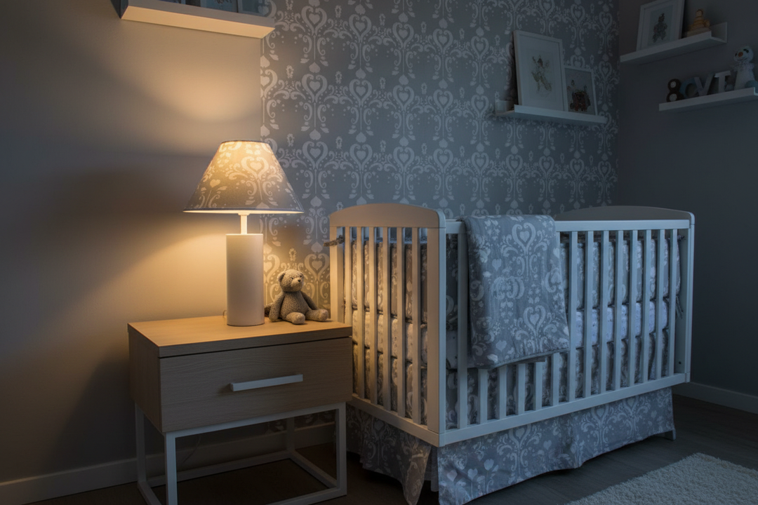 Grey Damask Lamp Shade on nightstand in modern grey and white nursery
