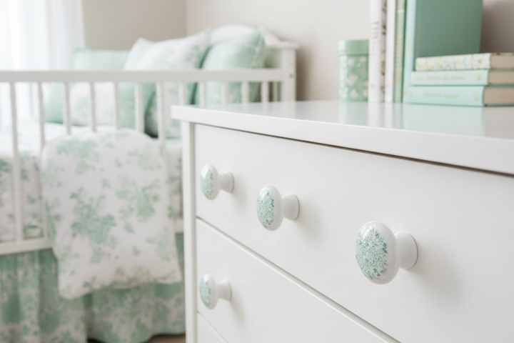 2 Green Floral Toile Drawer Knobs Pulls