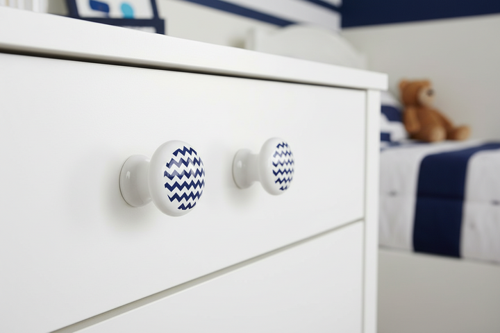 Navy Blue Ceramic Chevron Print Drawer Pulls