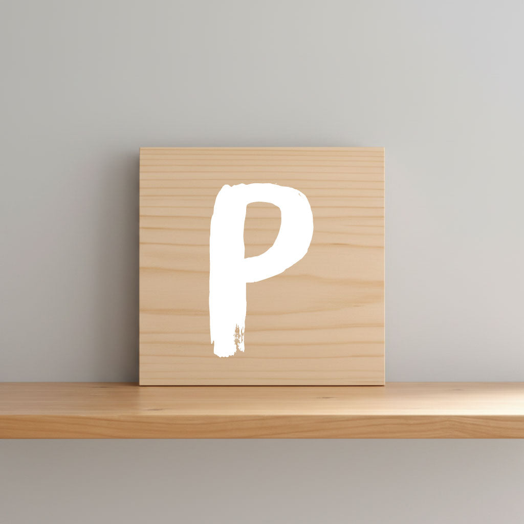 Rustic monogram letter P on natural distressed wood wall hanging, personalized nursery decor for shelf, dresser, and kids bedroom by Presto Chango Decor
