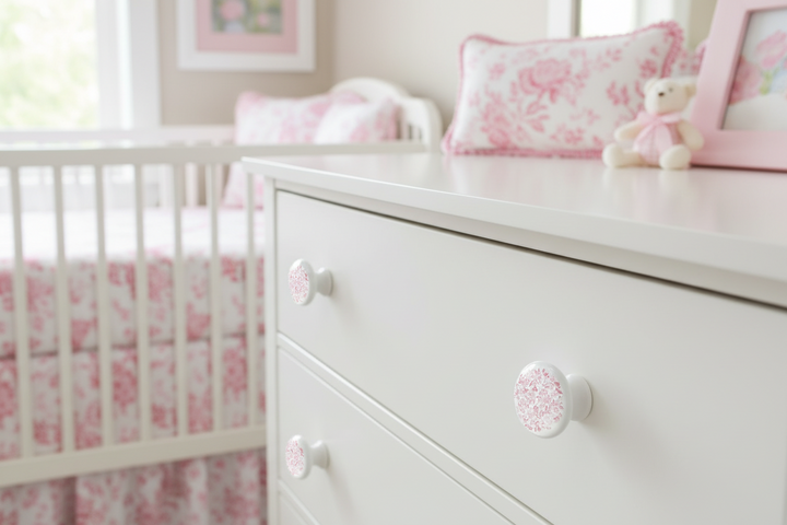 2 Pink Floral Toile Drawer Knobs Pulls