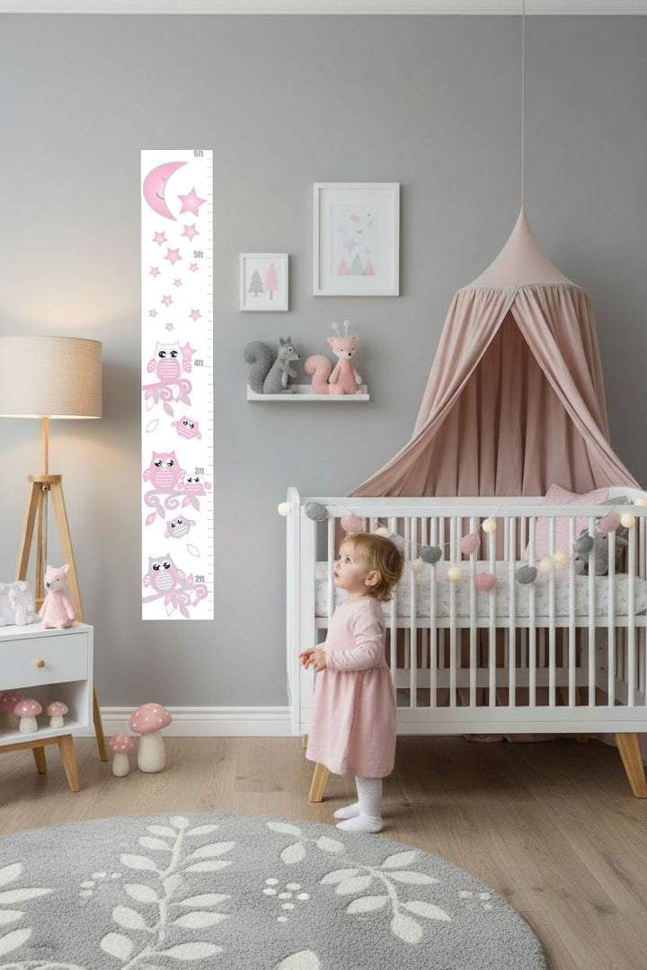 Pink Owl Growth Chart Wall Decal | Nursery Height Chart Sticker
