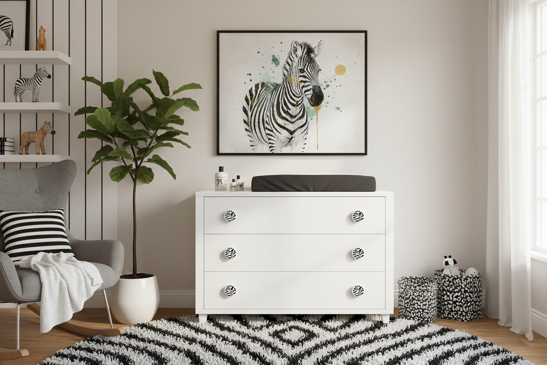 Zebra Print Drawer Knobs in Nursery