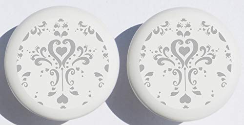 Two Dark Grey Charcoal and White Damask Drawer Pull Knobs, Ceramic Dresser Cabinet Pulls, Black and White Nursery Decor (Set of Two)