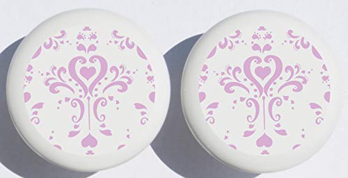 Two Purple and White Damask Drawer Pull Knobs, Ceramic Dresser Cabinet Pulls, Black and White Nursery Decor (Set of Two)
