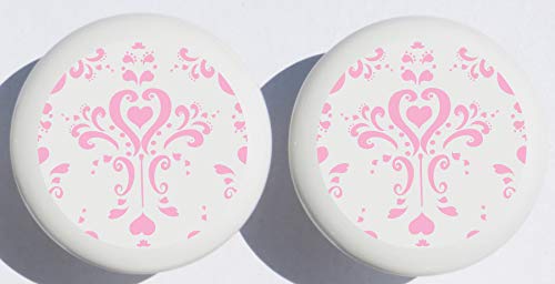 Two Pink and White Damask Drawer Pull Knobs, Ceramic Dresser Cabinet Pulls, Black and White Nursery Decor (Set of Two)