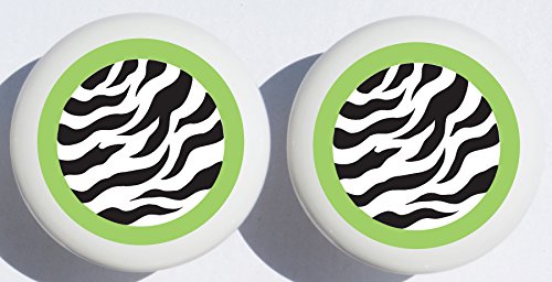Green and Black Zebra Print Drawer Pulls / Polka Dot Ceramic Cabinet Knobs / Safari Nursery Room Decor ( Set of Two)