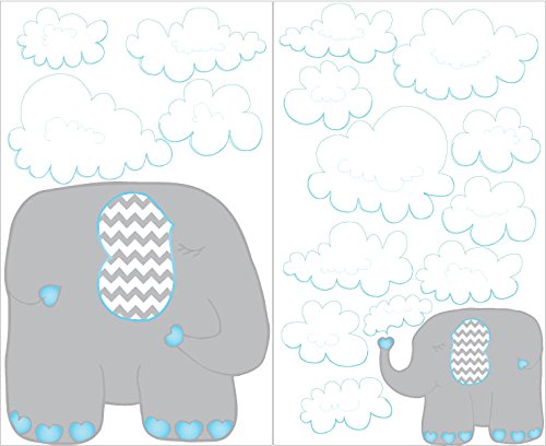 Blue and Grey Elephant Wall Decals/Elephants Wall Stickers with Blue and White Clouds Wall Decals