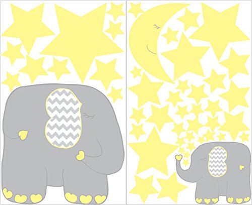 Yellow and Grey Elephant Wall Decals/Elephants Nursery Wall Stickers with Yellow Stars and Moon Wall Decals