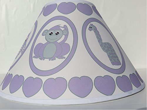 Purple Baby Safari Lamp Shade with Elephants, Owl, Zebra, Giraffe, Hippo, Lion and Monkey Nursery Decor