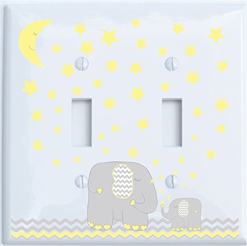 Yellow Elephant Light Switch Plate and Outlet Covers with Yellow Moon and Stars / Elephant Nursery Wall Decor with Grey and Yellow Chevrons Plates.