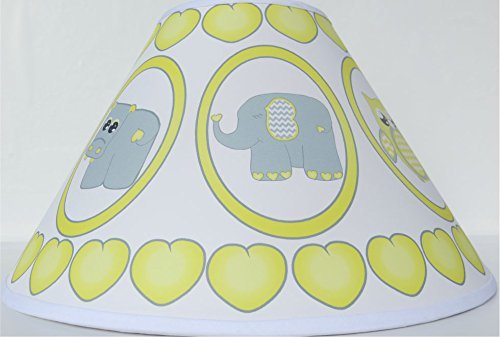 Grey and Yellow Baby Safari Lamp Shade with Elephants, Owl, Zebra, Giraffe, Hippo, Lion and Monkey Nursery Decor