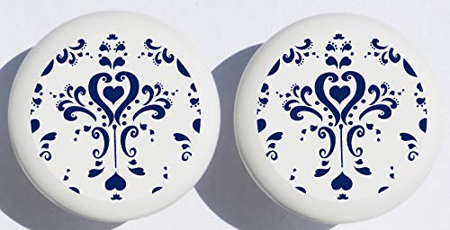 Two Navy Blue and White Damask Drawer Pull Knobs, Ceramic Dresser Cabinet Pulls, Blue and White Nursery Decor (Set of Two)