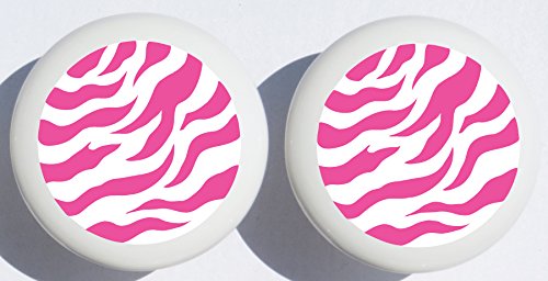 Just Pink Zebra Print Drawer Pulls/Polka Dot Ceramic Cabinet Knobs/Safari Nursery Room Decor (Set of Two)