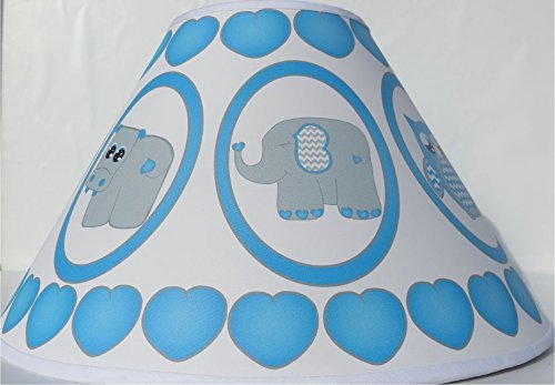 Blue Baby Safari Lamp Shade with Elephants, Owl, Zebra, Giraffe, Hippo, Lion and Monkey Nursery Decor