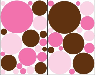 Pink and Brown Polka Dot Wall Stickers / 36 Dots Wall Decals in Light Pink, Bubble Gum Pink and Brown