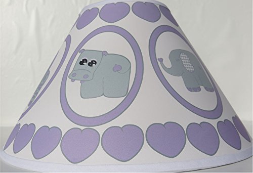 Purple Baby Safari Lamp Shade with Elephants, Owl, Zebra, Giraffe, Hippo, Lion and Monkey Nursery Decor
