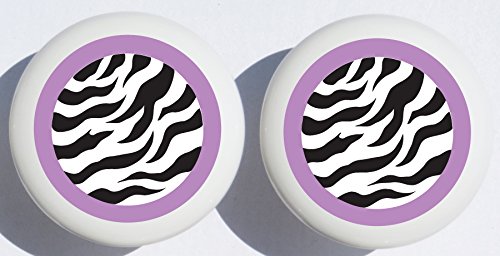 Purple and Black Zebra Print Drawer Pulls/Polka Dot Ceramic Cabinet Knobs/Safari Nursery Room Decor (Set of Two)