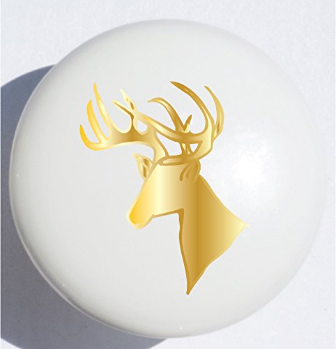 Single Gold Stag Deer Head Drawer Pull / Gold Deer Ceramic Cabinet Knob