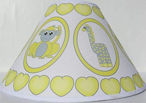 Grey and Yellow Baby Safari Lamp Shade with Elephants, Owl, Zebra, Giraffe, Hippo, Lion and Monkey Nursery Decor