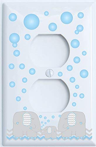 Elephant Light Switch Plate Covers with Blue Bubbles and Elephants with Grey and Blue Chevron