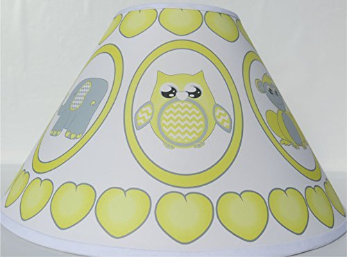 Grey and Yellow Baby Safari Lamp Shade with Elephants, Owl, Zebra, Giraffe, Hippo, Lion and Monkey Nursery Decor