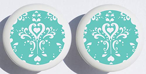 Aqua Damask Print Drawer Knobs, Ceramic Cabinet Pulls Blue Green Damask Nursery Decor for Baby (Set of Two)