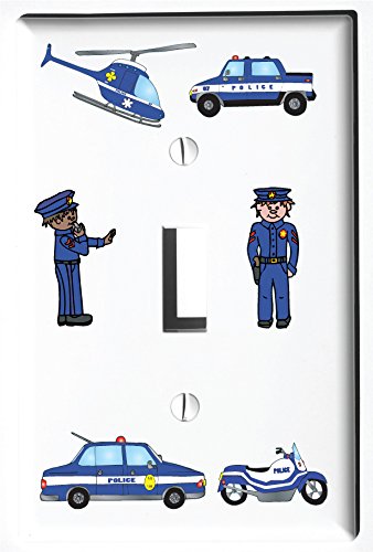 Police Light Switch Plate and Outlet Covers/Police Men, Trucks, Cars, Helicopter, and Motorcycle Children's Room Wall Decor
