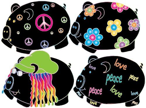 4-Hippie Pigs Wall Decal Stickers on a 18in by 23in sheet.